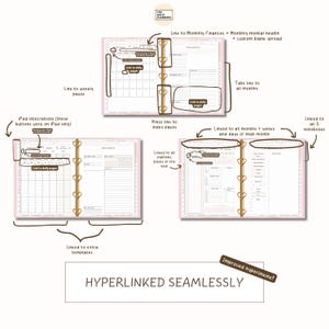 May include: A digital planner with pink pages and gold rings, showcasing various linked sections for monthly finances, mental health, and daily pages. The text "HYPERLINKED SEAMLESSLY" is displayed at the bottom.