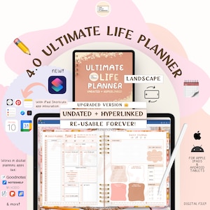 May include: Digital Ultimate Life Planner 4.0, undated and hyperlinked, for Apple iPads and Android tablets. The planner features a landscape design with daily, weekly, and monthly views. Includes app integration and is reusable forever. The planner is in a digital file format.