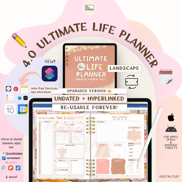 4.0 Ultimate Undated Life Planner | Landscape Digital Planner | Hyperlinked | GoodNotes, Noteshelf & more | Apple, Android | Extra templates