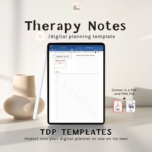 Può includere: Un modello di planner digitale per appunti di terapia. Il modello è visualizzato sullo schermo di un tablet e include sezioni per appunti, date e citazioni. Il modello è disponibile nei formati PDF e PNG.
