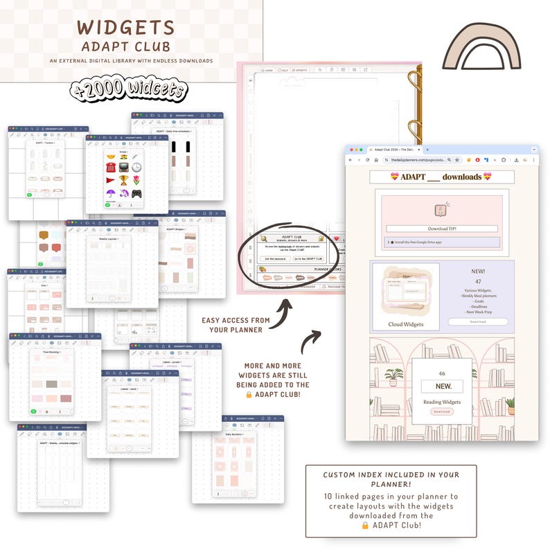 May include: Digital planner widgets from the Adapt Club, displayed on various screens. The image includes the text "WIDGETS ADAPT CLUB" and "+2000 widgets". The website shows a download page with the text "ADAPT downloads".