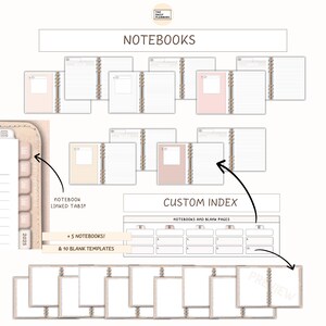 K&ouml;nnte beinhalten: Das Bild zeigt eine Sammlung von Notizb&uuml;chern und Planerelementen. Das Design umfasst Notizb&uuml;cher mit verkn&uuml;pften Registerkarten, einen benutzerdefinierten Index und leere Vorlagen. Der Text lautet "NOTEBOOKS", "CUSTOM INDEX" und "+5 NOTEBOOKS! & 10 BLANK TEMPLATES".