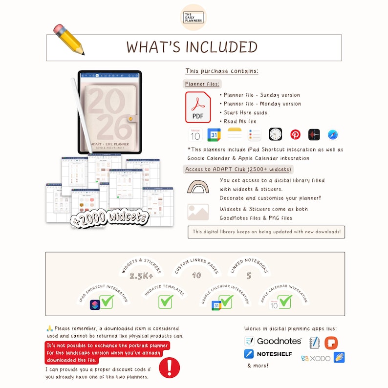 K&ouml;nnte beinhalten: Digitales Planer-Paket mit einem Tablet, das einen Kalender f&uuml;r 2026 anzeigt. Enth&auml;lt Widgets, Sticker und Integration mit Google Kalender und Apple Kalender. Enth&auml;lt eine PDF-Datei, einen Bleistift und den Text "WHAT'S INCLUDED".