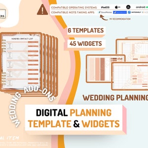 Könnte beinhalten: Digitaler Hochzeitsplaner-Vorlage und Widgets für iPad, iPhone und Android-Geräte. Der Planer enthält 6 Vorlagen und 45 Widgets. Das Bild zeigt eine Anbieterkontaktliste, einen Kalender und einen Budget-Tracker.