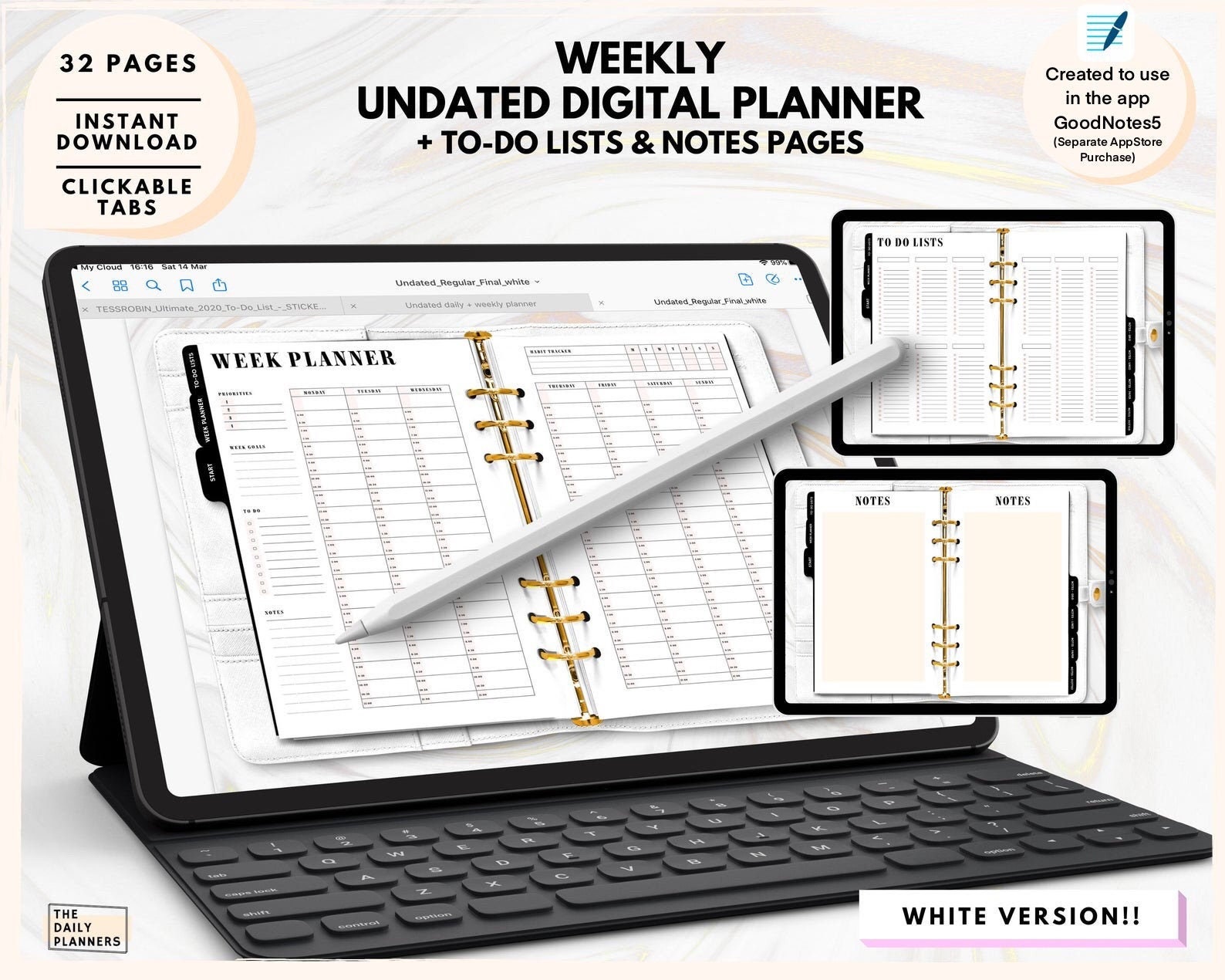Undated Weekly Digital Planner: White Leather Look, To-Do Lists (Free Stickers)