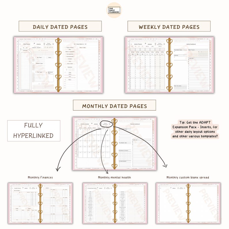 May include: A planner with daily, weekly, and monthly dated pages. The planner includes sections for monthly finances, mental health, and custom blank spreads. The pages are pink and held together with gold rings. Text on the image says "Fully Hyperlinked".