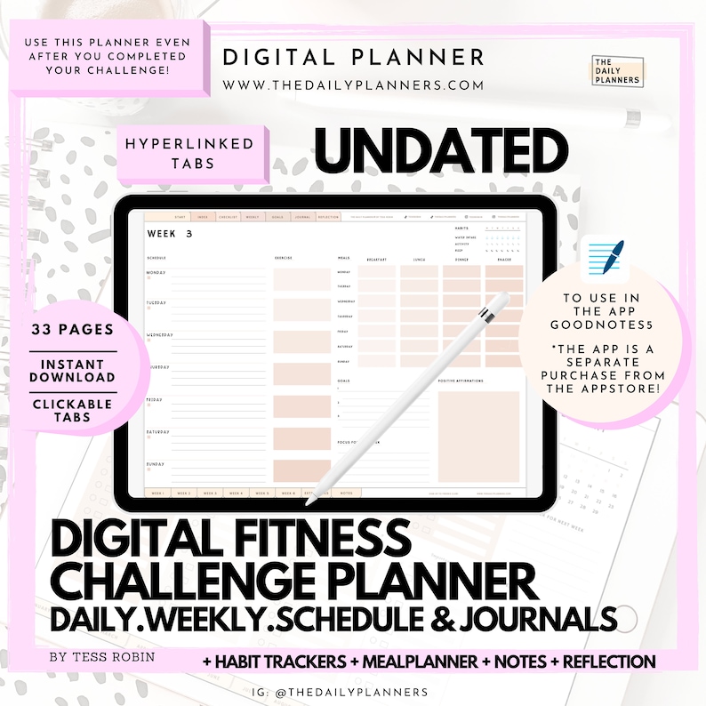 Digital Fitness Challenge Planner Daily Weekly planner Etsy