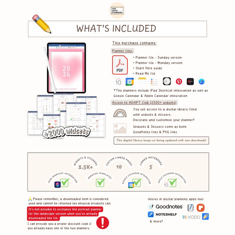 May include: Digital planner package with a pink heart design on a tablet screen, plus widgets and stickers. Includes planner files, iPad shortcut integration, and access to a digital library. The text says "What's Included" and "2026".