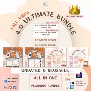 May include: Fall Vibes 4.0 Ultimate Planner Bundle, a digital planning bundle for Goodnotes, Noteshelf, and Xodo apps. The bundle includes an undated and reusable landscape and portrait planner, stickers, and widgets. The bundle is compatible with iPad Shortcuts app integration.