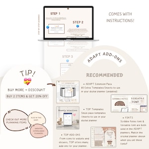 K&ouml;nnte beinhalten: Werbung f&uuml;r digitale Planer-Add-ons mit einem Laptop, der Anweisungen anzeigt. Der Text enth&auml;lt "ADAPT ADD-ONS" und "BUY 2 ITEMS & GET 20% OFF". Empfohlene Add-ons werden gezeigt, darunter Vorlagen und Schriftarten.