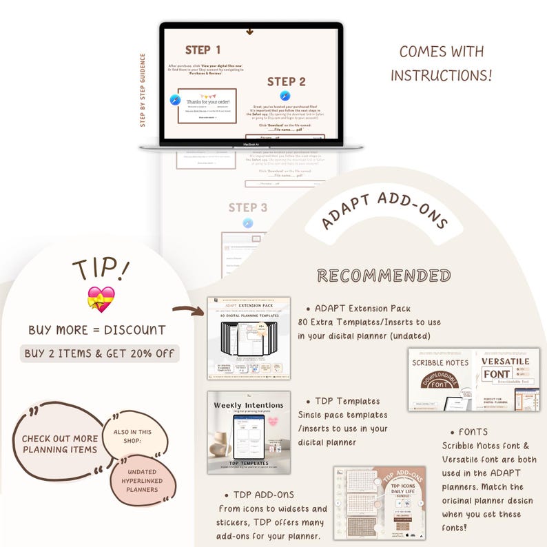 K&ouml;nnte beinhalten: Werbung f&uuml;r digitale Planer-Add-ons mit einem Laptop, der Anweisungen anzeigt. Der Text enth&auml;lt "ADAPT ADD-ONS" und "BUY 2 ITEMS & GET 20% OFF". Empfohlene Add-ons werden gezeigt, darunter Vorlagen und Schriftarten.