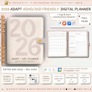 Puede incluir: Un planificador digital beige de 2026 con el texto "ADAPT ADHD/ASD FRIENDLY DIGITAL PLANNER". El planificador incluye widgets, plantillas y accesos directos para iPad. Está diseñado para la vida diaria y es compatible con tabletas Apple y Android.