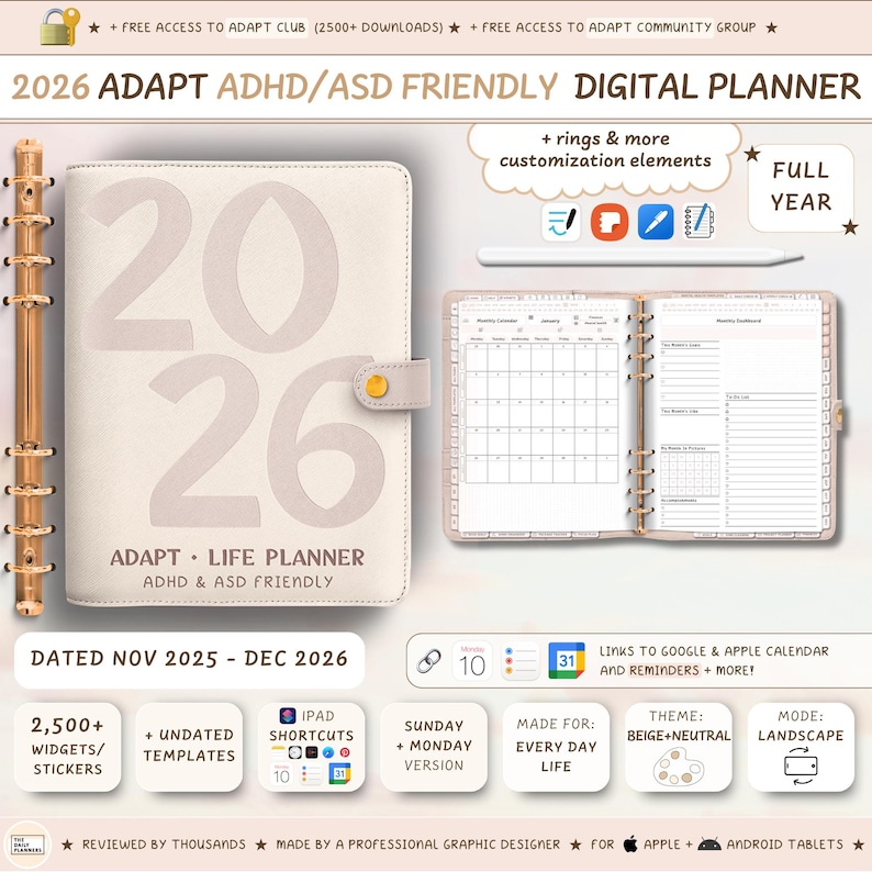 K&ouml;nnte beinhalten: Ein beiger digitaler Planer 2026 mit dem Text "ADAPT ADHD/ASD FRIENDLY DIGITAL PLANNER". Der Planer enth&auml;lt Widgets, Vorlagen und iPad-Verkn&uuml;pfungen. Er ist f&uuml;r den Alltag konzipiert und mit Apple- und Android-Tablets kompatibel.