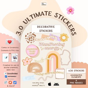 Puede incluir: Un conjunto de 430 pegatinas digitales para Goodnotes y otras aplicaciones de planificación digital. Las pegatinas presentan una variedad de diseños, incluyendo arcoíris, flores y texto. El texto incluye frases como "neurospicy", "manifesting energy", "comfy club" y "feeling overwhelmed".