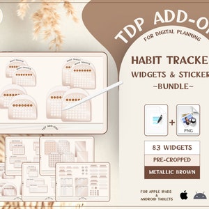 Könnte beinhalten: Ein digitales Planer-Bundle mit 83 vorab zugeschnittenen Habit-Tracker-Widgets und -Stickern in Metallic-Braun für Apple iPads und Android-Tablets. Das Bundle enthält sowohl PNG- als auch SVG-Dateien. TDP ADD-ONS FÜR DIGITALE PLANUNG GEWOHNHEITS-TRACKER WIDGETS & STICKER ~BUNDLE~