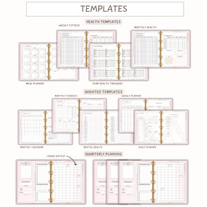 May include: A collection of pink and white planner templates, including meal planners, health trackers, and calendars. The templates are organized in binders with gold-colored rings. The word "TEMPLATES" is at the top.