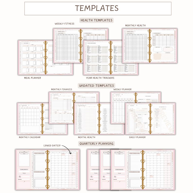 May include: A collection of pink and white planner templates, including meal planners, health trackers, and calendars. The templates are organized in binders with gold-colored rings. The word "TEMPLATES" is at the top.