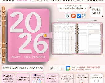 2026 Digital Planner: ADAPT Leather Planner for GoodNotes, Samsung Notes & more, 2500+ Stickers (PDF + PNG Downloads) - Landscape - Dated