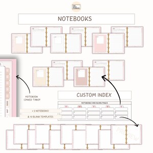 May include: An assortment of pink and white notebooks with gold-colored binding, labeled "NOTEBOOKS" and "CUSTOM INDEX." The image includes the text "+ 5 NOTEBOOKS! & 10 BLANK TEMPLATES" and "NOTEBOOK LINKED TABS!"