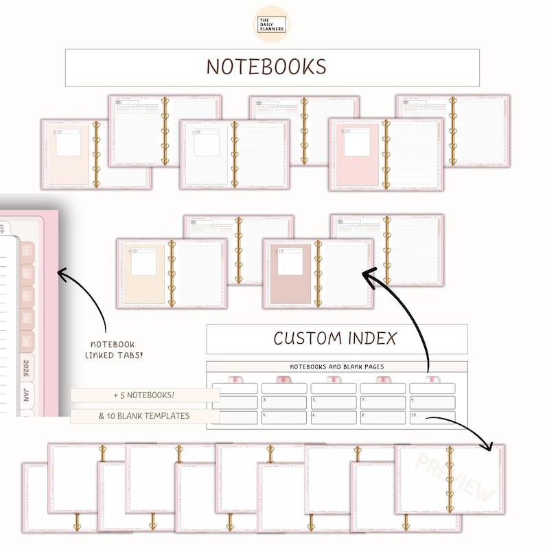 May include: An assortment of pink and white notebooks with gold-colored binding, labeled "NOTEBOOKS" and "CUSTOM INDEX." The image includes the text "+ 5 NOTEBOOKS! & 10 BLANK TEMPLATES" and "NOTEBOOK LINKED TABS!"