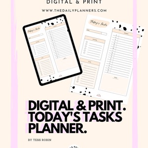 May include: A digital and printable planner with a black and white polka dot background. The planner is titled "Today's Tasks" and has sections for "Priorities", "To Do", and "Schedule".