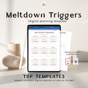May include: A digital planner template for identifying meltdown triggers. The template is displayed on a laptop screen and includes sections for identifying triggers, warning signs, and coping strategies. The template is available in PDF and PNG formats.