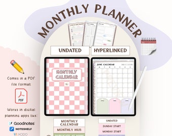 Undated MONTHLY Digital Planner - Hyperlinked | Portrait Planner | TDP | Use in GoodNotes, Noteshelf, Xodo or other note-taking apps