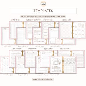 May include: A collection of planner templates, including Master To-Do, Multiple Projects Plan, and Daily Check-In. The templates are displayed in a pink and white color scheme, with gold binder rings. Text includes "Templates" and "More on the next page!"