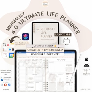 Può includere: Un pianificatore di vita digitale minimalista 4.0 Ultimate, non datato e ipertestuale, per iPad e tablet Android. Include un diario giornaliero ed è riutilizzabile. Compatibile con Goodnotes, Noteshelf e Xodo. Il testo 'Riutilizzabile per sempre!' è incluso.