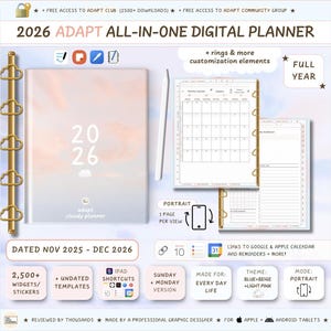 May include: A digital planner for 2026, featuring a soft pink and white cover with the text "2026 ADAPT ALL-IN-ONE DIGITAL PLANNER." Includes widgets, templates, and iPad shortcuts. The planner is designed for everyday life and offers a portrait mode.