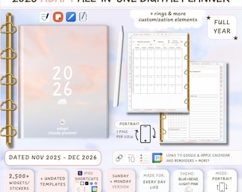 2026 Digital Planner: ADAPT cloudy Planner for GoodNotes, Samsung Notes & more, 2500+ Stickers (PDF + PNG Downloads) - Portrait - Dated