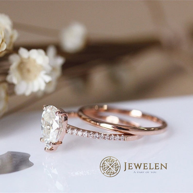 Solitaire With Accents Ring Anniversary Ring 2.50 TCW 14K Rose Gold Over Pear Cut D Color White Simulated Moissanite Wedding Set Ring