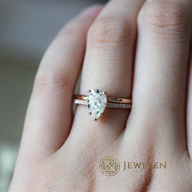Solitaire With Accents Ring Anniversary Ring 2.50 TCW 14K Rose Gold Over Pear Cut D Color White Simulated Moissanite Wedding Set Ring