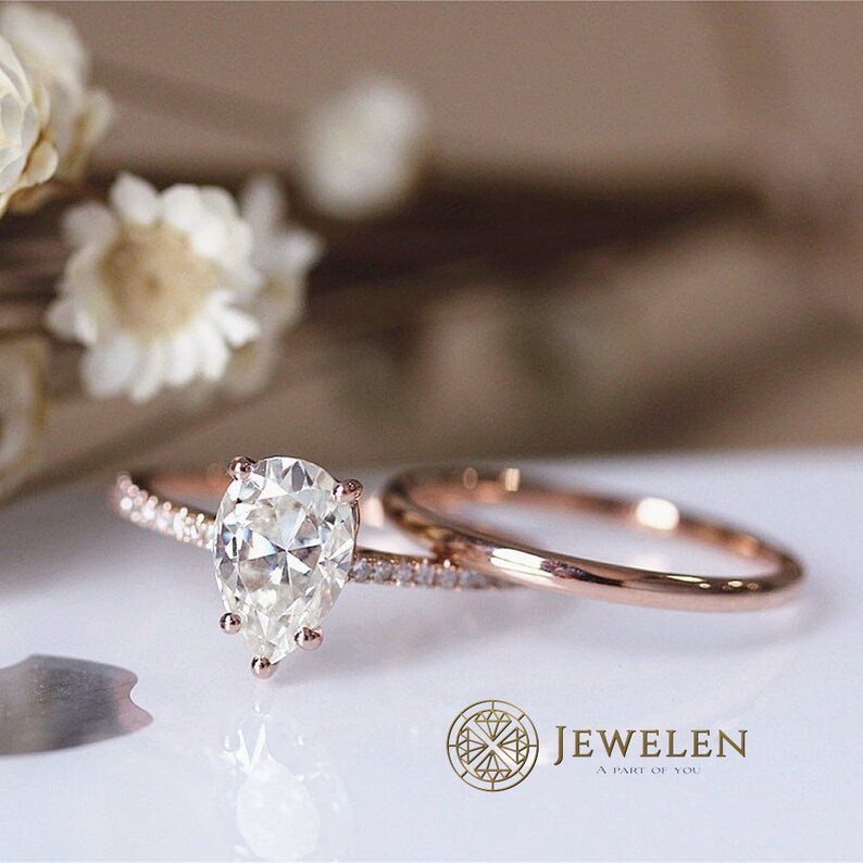Solitaire With Accents Ring Anniversary Ring 2.50 TCW 14K Rose Gold Over Pear Cut D Color White Simulated Moissanite Wedding Set Ring