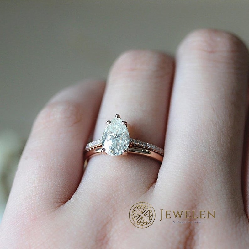 Solitaire With Accents Ring Anniversary Ring 2.50 TCW 14K Rose Gold Over Pear Cut D Color White Simulated Moissanite Wedding Set Ring