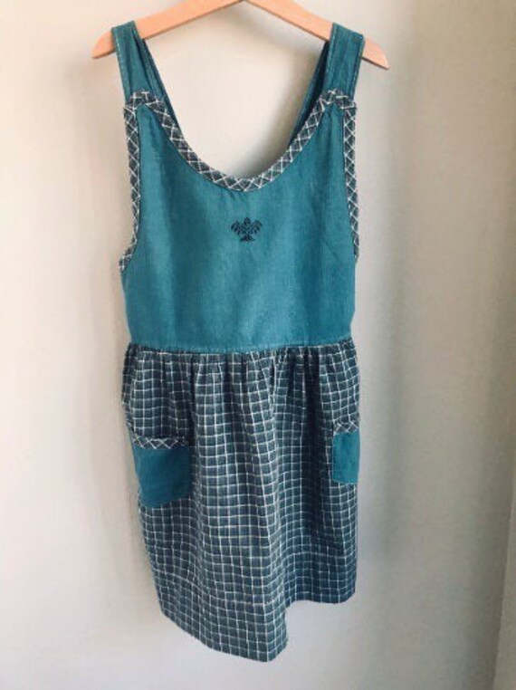 Girls vintage apron dress, blue gray plaid, embroi