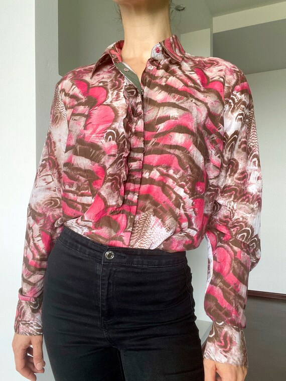 Long silk and cotton blend shirt / Feather and fl… - image 7