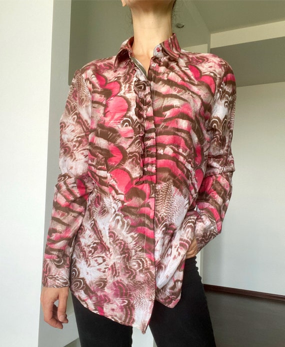 Long silk and cotton blend shirt / Feather and fl… - image 6