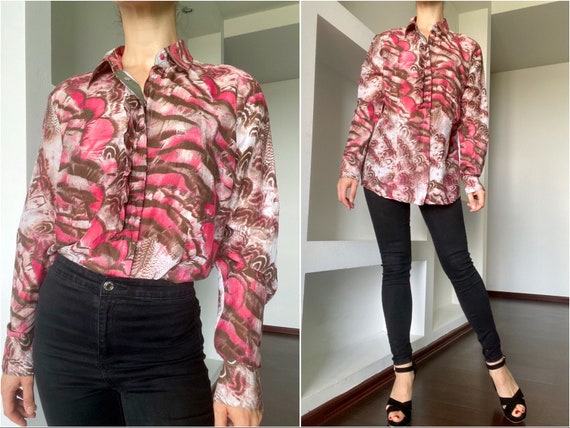 Long silk and cotton blend shirt / Feather and fl… - image 1