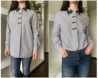 Long stiped shirt for women by GIRA PUCCINO / Vintage relaxed boyfriend shirt / Stripe cotton oversized shirt women/ Size M