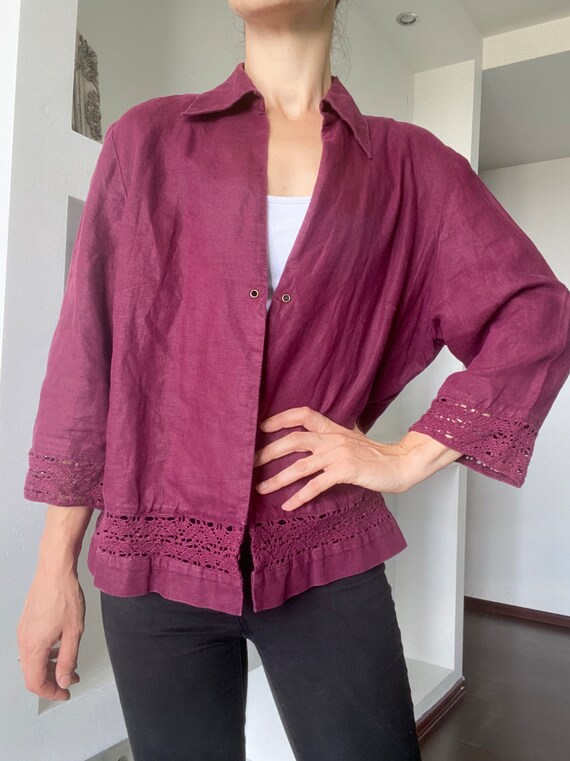 Pure linen blazer with crochet detailing / Vintage wi… Gem