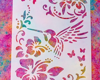 Stencil-255x174x0.4mm-Hummingbird Flower-Plastic Drawing Pochoir Stencil-Spray Painting Wall Cake Decorating-Scrapbooking Craft Journal