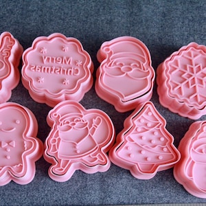 Christmas Cookie Cutters and Stamps-Snowflakes Santa Rudolph Tree Snowman-Cookies Baking-Set of 8 Cutters with Stamps-Plastic Cookie Cutters
