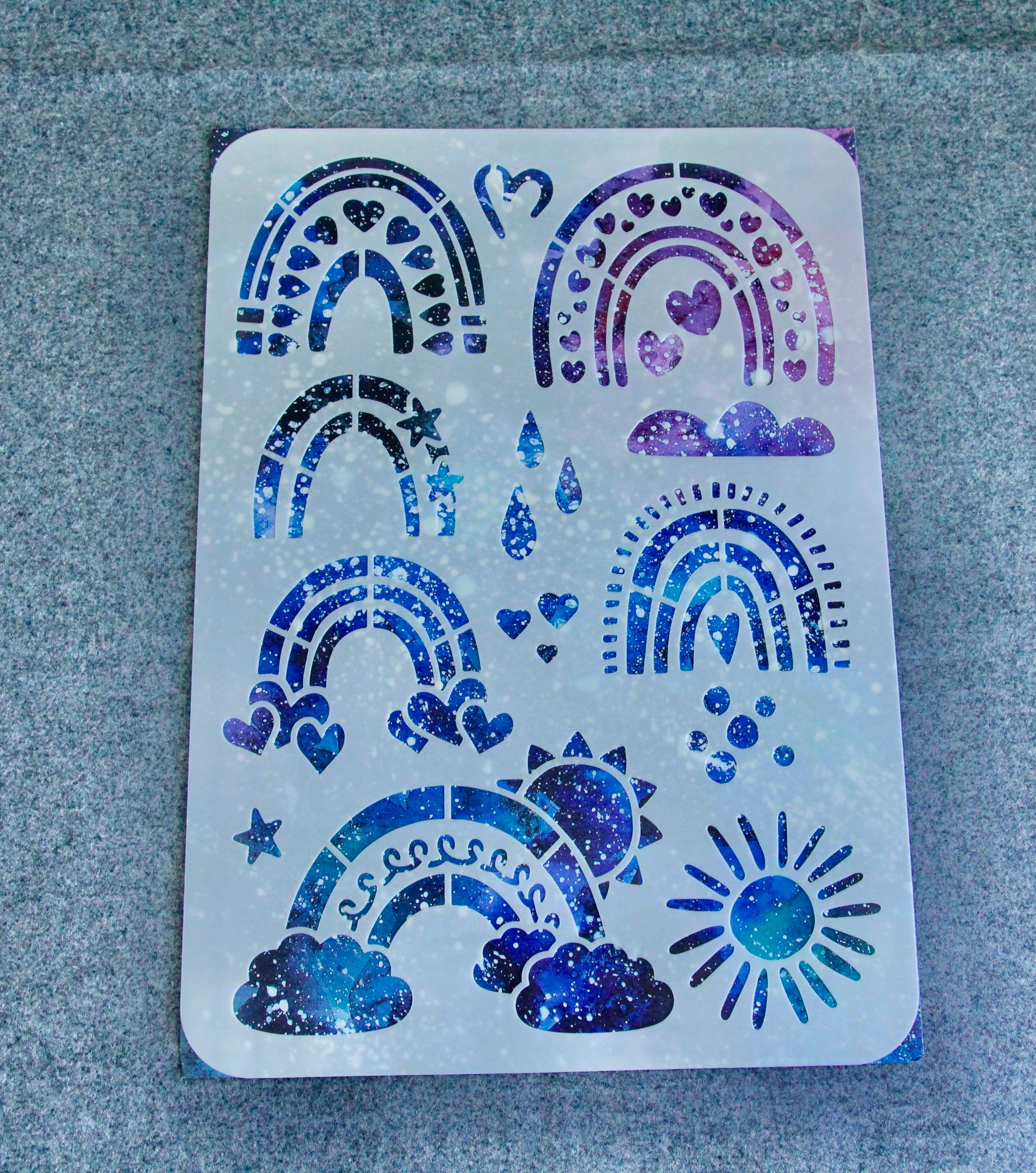 ステンシル - 255x174x0.4 mm - 虹、雨滴、太陽 - プラスチック製描画