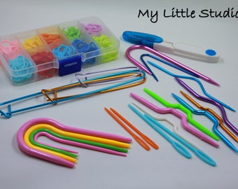 Kit de herramientas para tejer - Paquete básico - Suministros para tejer - Portapuntadas de aluminio, pinza de plástico para agujas, tijeras de costura, agujas de crochet