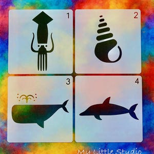 6xStencils-130x130x0.2mm-Sea Creatures Ocean Whale Dolphin Shell Crab Shark Fish-Plastic Drawing Stencil-Spray Paint-Scrapbook Craft Journal