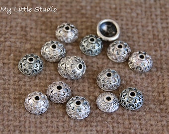 Round Dome Bead Caps-Silver Bead Caps-Tibetan Silver-Antique Silver-10x6.5mm-Hole 2mm-Pack of 15 Bead Caps-Textured Decorated Bead Caps