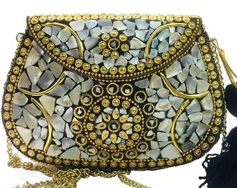 MOP Minimalist Silver Mosaic Bag - Handmade Vintage Bohemian Purse - Wedding Anniversary gift for Wife/ Girlfrie- Ethnic Evening BOX Bag