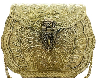 Royal Indian Traditional antique Brass Golden clutch Purse - Handmade Ethnic Handmade Women metal bridal bag - Indian wedding bag