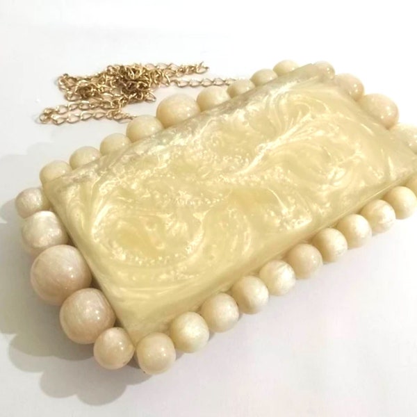 Cult Gaia Inspired Clutch Bag - Pearly white handmade resin clutch purse with detachable crossbody metal strap - Party Bag for Her